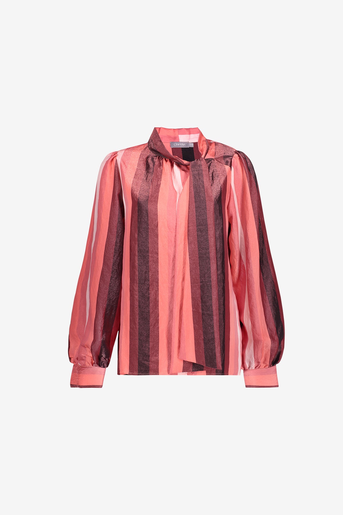 Geisha blouse met strikhals en glanzend streeppatroon