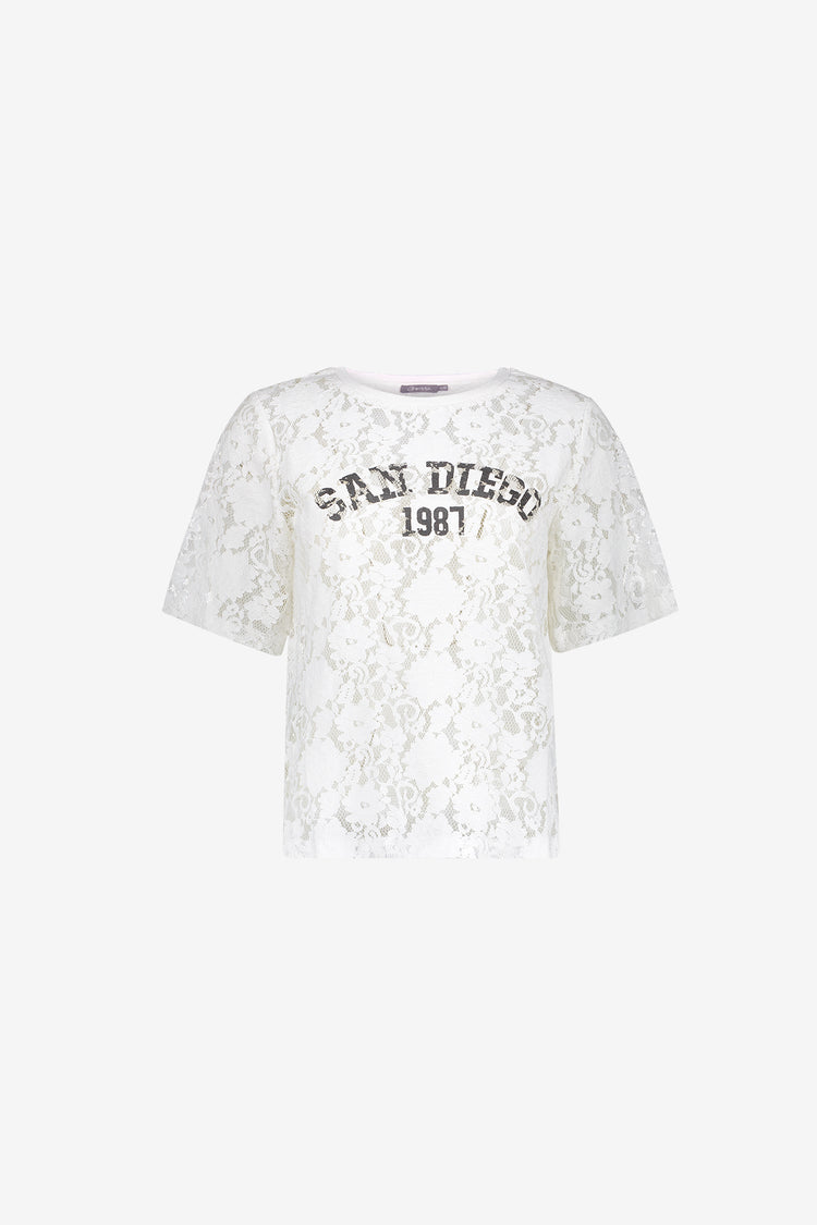 Geisha kanten T-shirt met sportieve statementprint