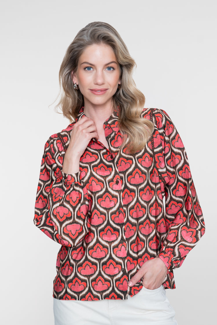 Geisha blouse met retro print en lange mouwen