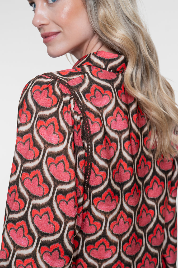 Geisha blouse met retro print en lange mouwen
