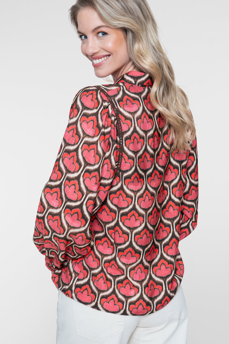Geisha blouse met retro print en lange mouwen