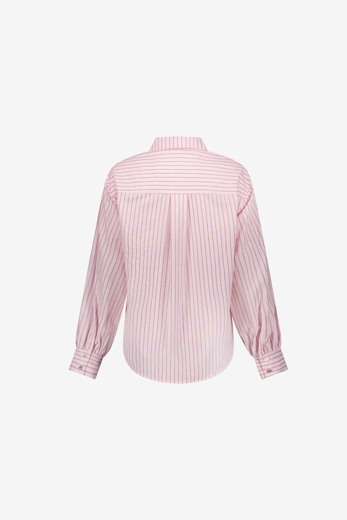 Geisha roze blouse met krijtstreep en lage schouderinzet