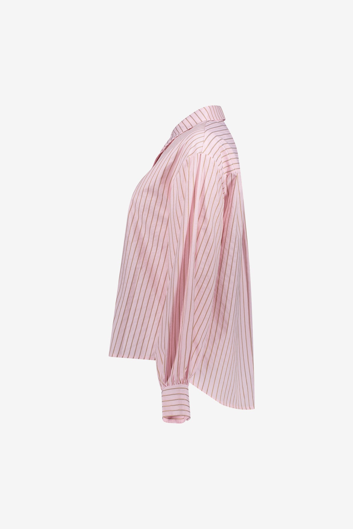 Geisha roze blouse met krijtstreep en lage schouderinzet
