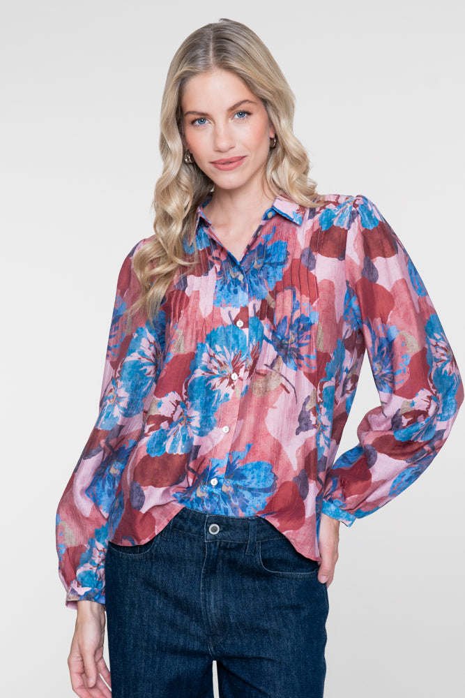 Geisha blouse met kleurrijk bloemdessin en plooidetails – Shop de look