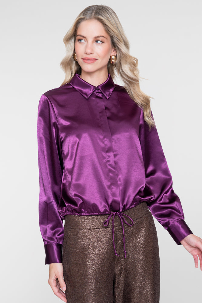 Geisha paarse satijnlook blouse met strikdetail