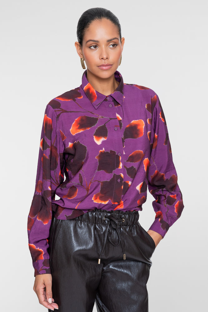 Geisha paarse blouse met abstracte bloemenprint