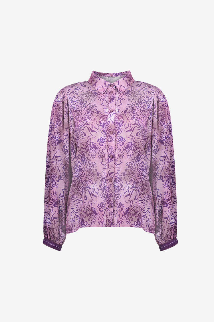 Geisha paarse blouse met paisleyprint en glans
