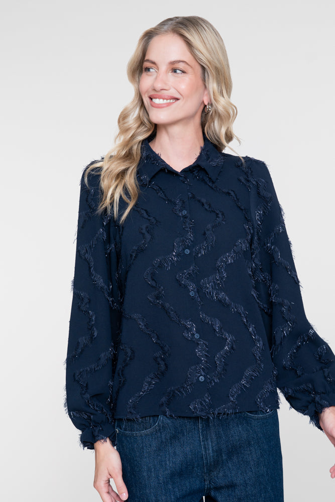 Geisha dames blouse met fringe en subtiele glitter – Shop de look