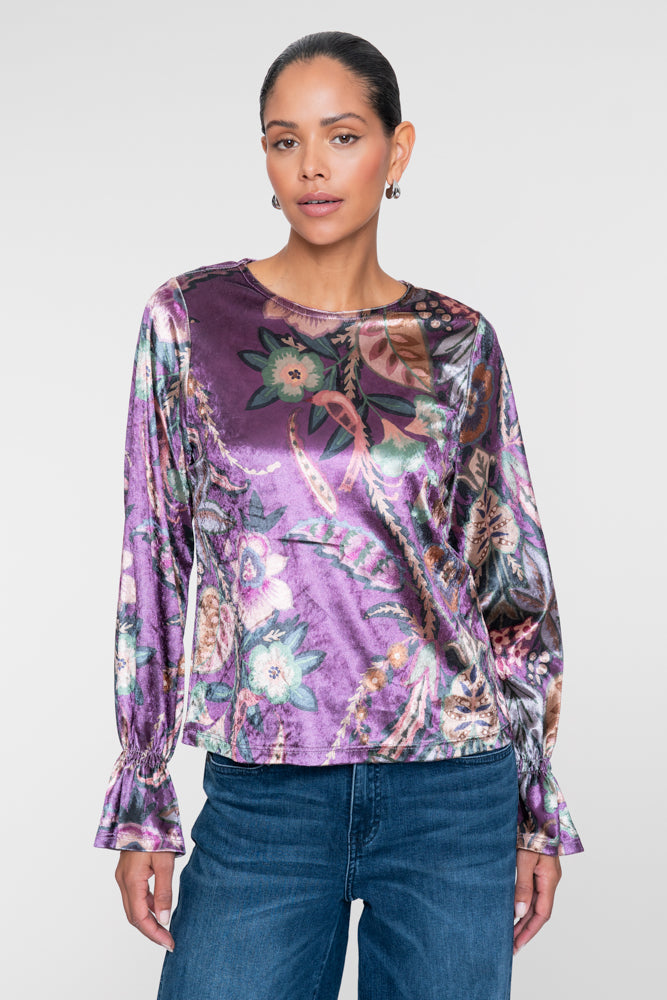 Geisha viscose velvet top met bloemendessin en ruffle mouwen
