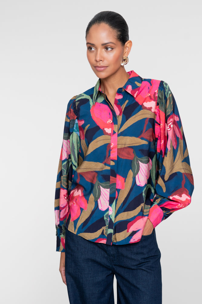 Geisha dames kleurrijke blouse met bloemenprint en volumineuze mouwen – Shop de look