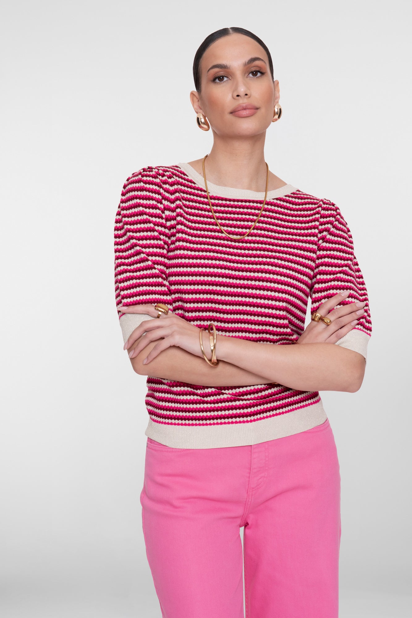 Geisha roze strepen pullover met lurex