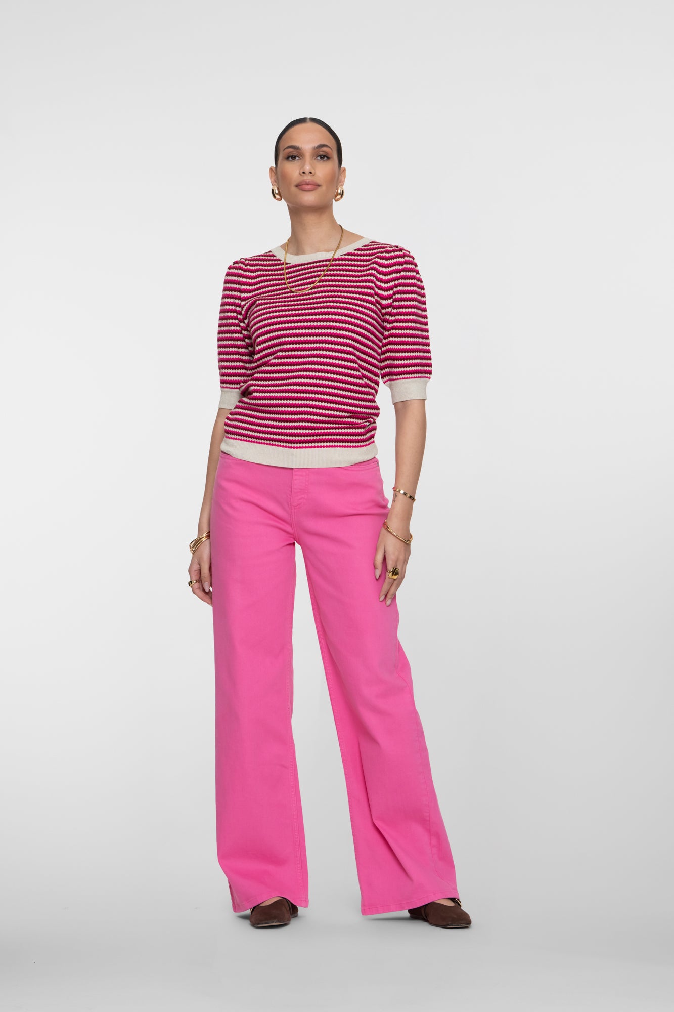 Geisha roze strepen pullover met lurex