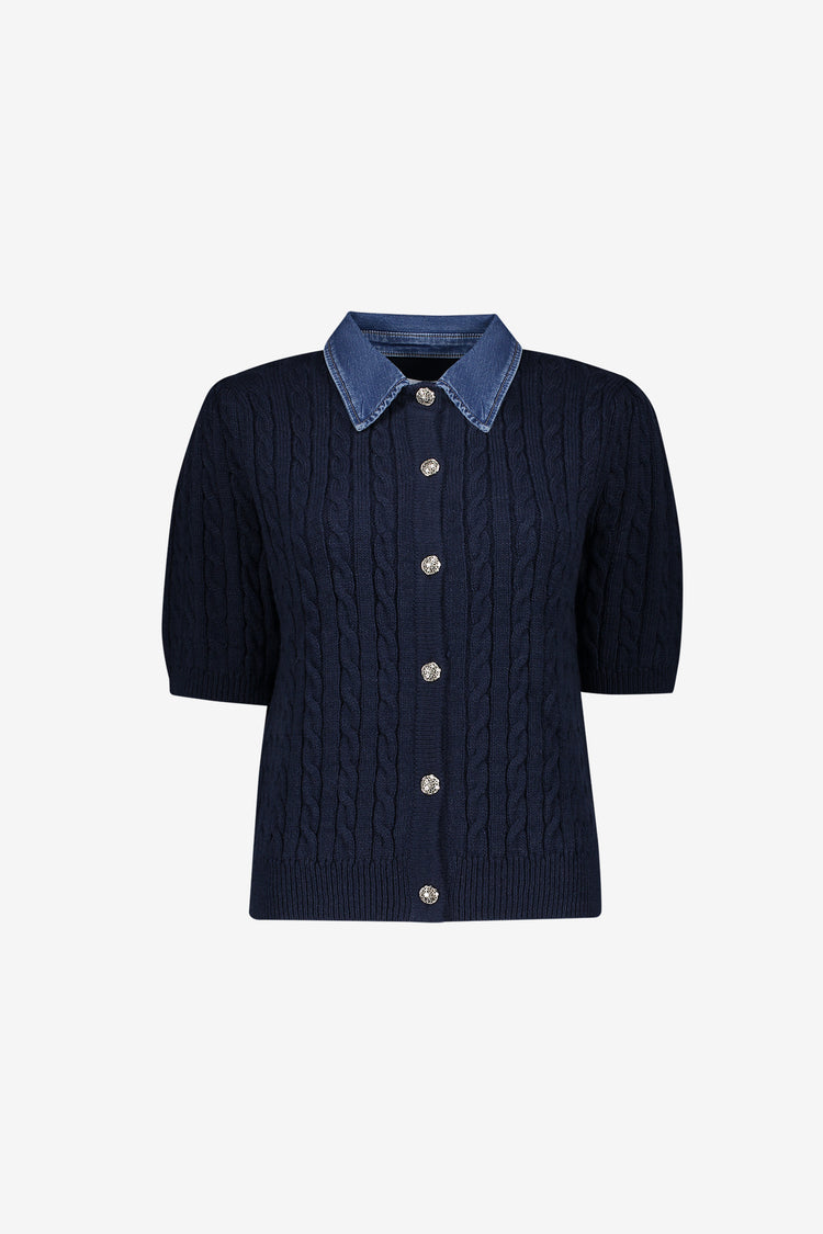 Geisha cardigan met denim contrastkraag en kabelstructuur