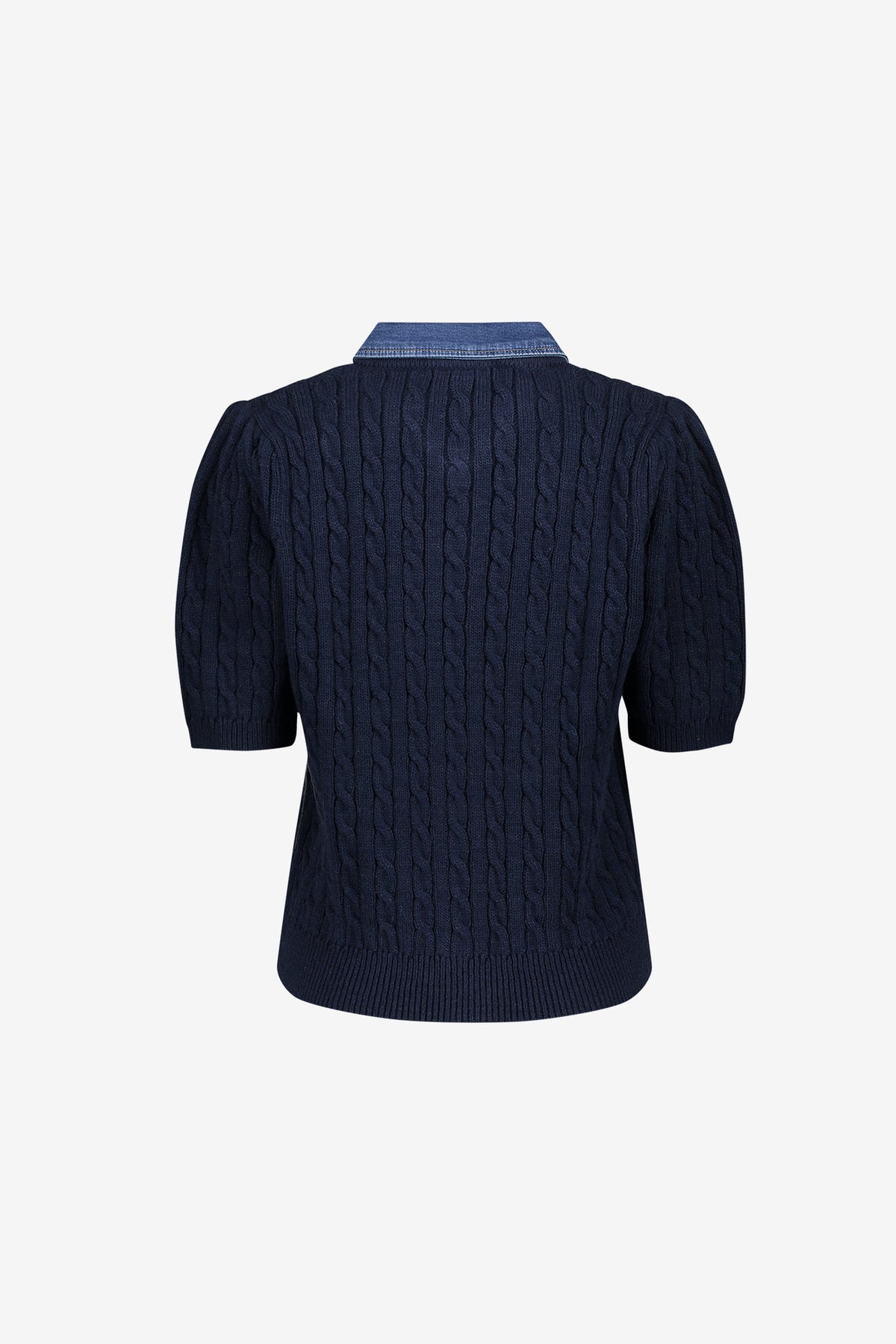 Geisha cardigan met denim contrastkraag en kabelstructuur