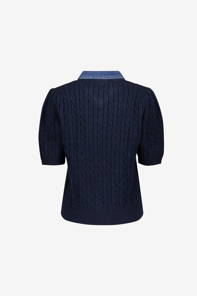 Geisha cardigan met denim contrastkraag en kabelstructuur