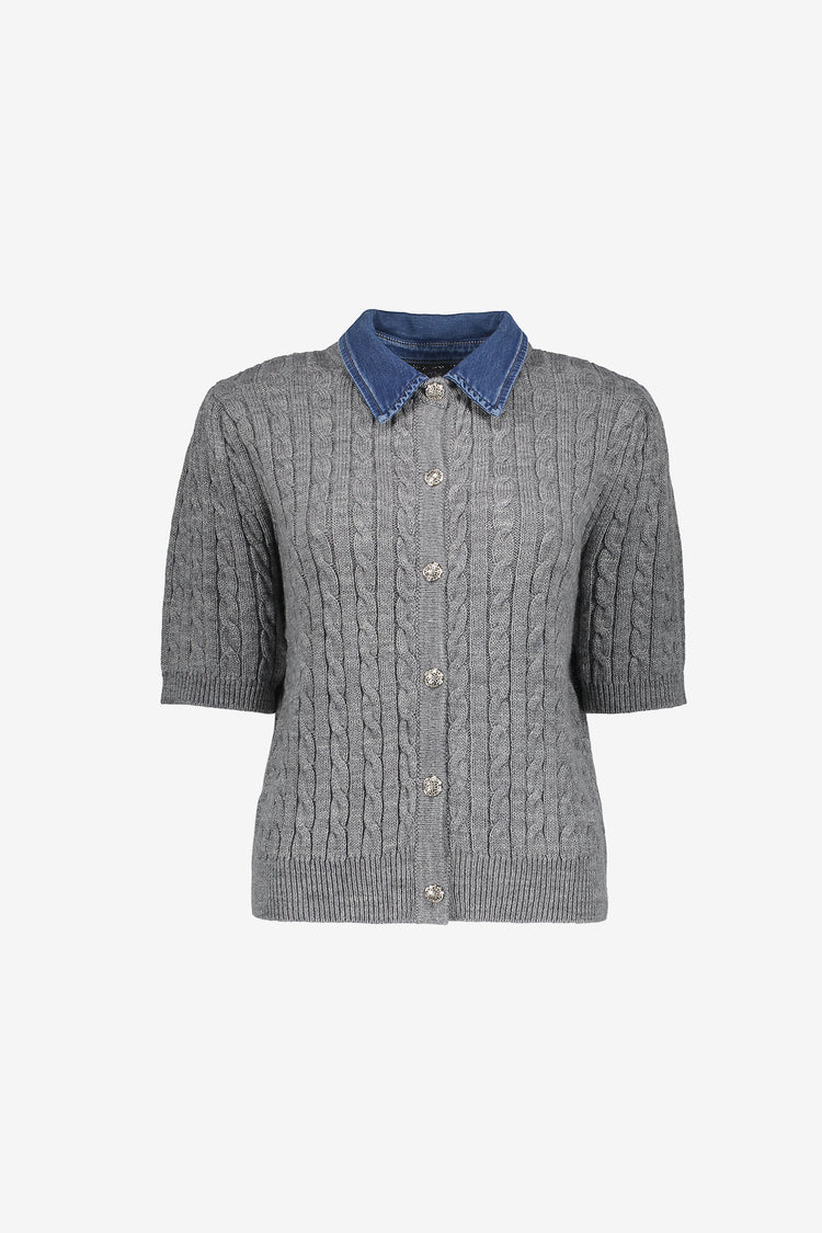 Geisha gebreid vest met kabelstructuur en denimkraag