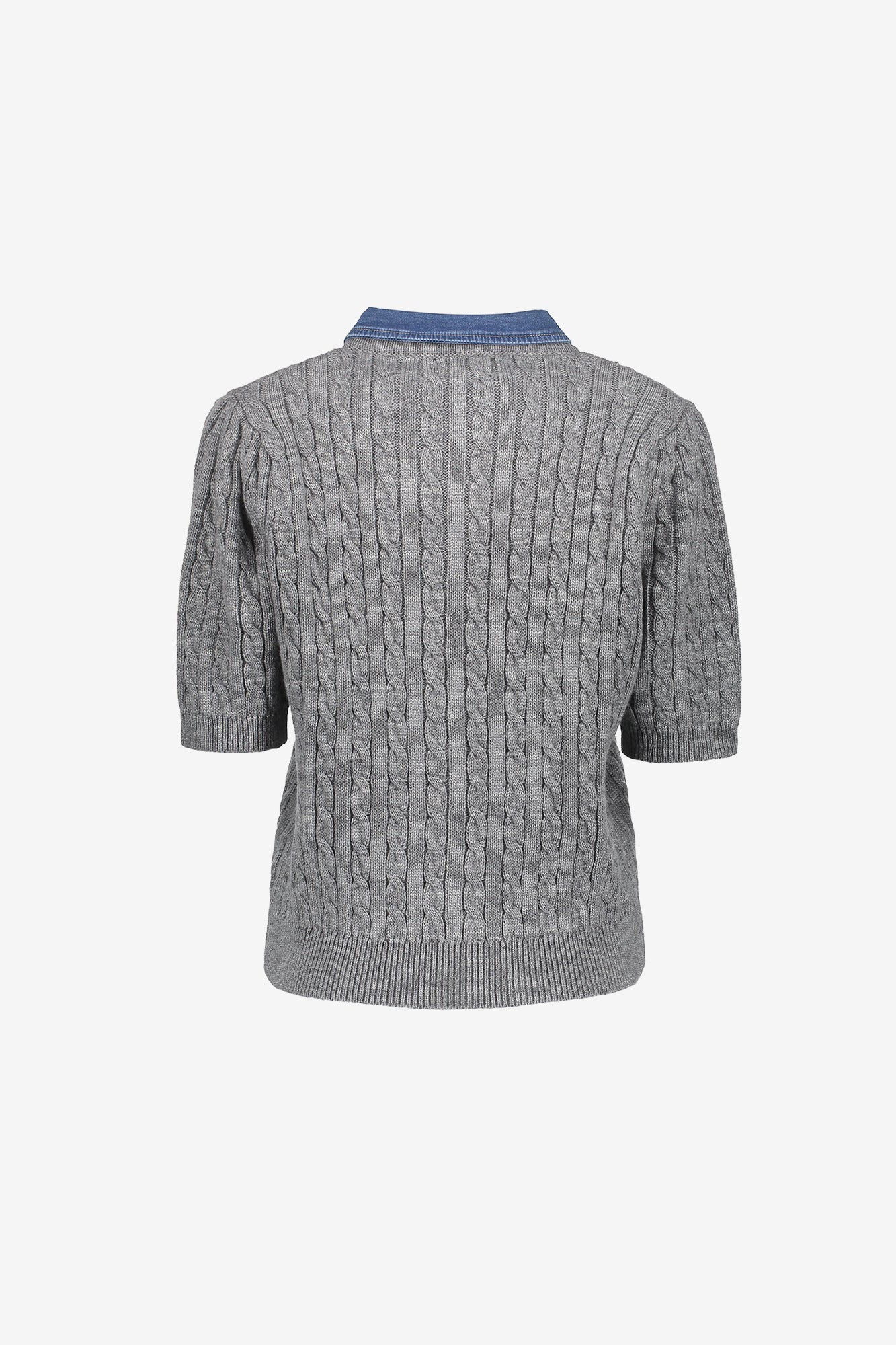 Geisha gebreid vest met kabelstructuur en denimkraag