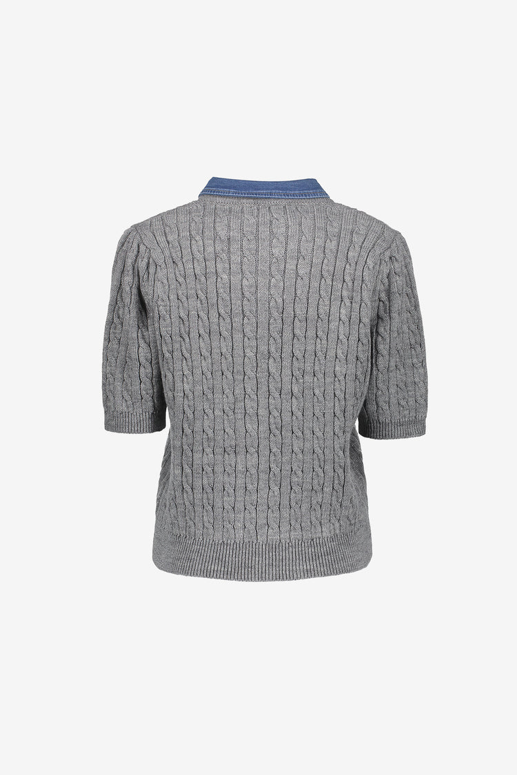 Geisha gebreid vest met kabelstructuur en denimkraag