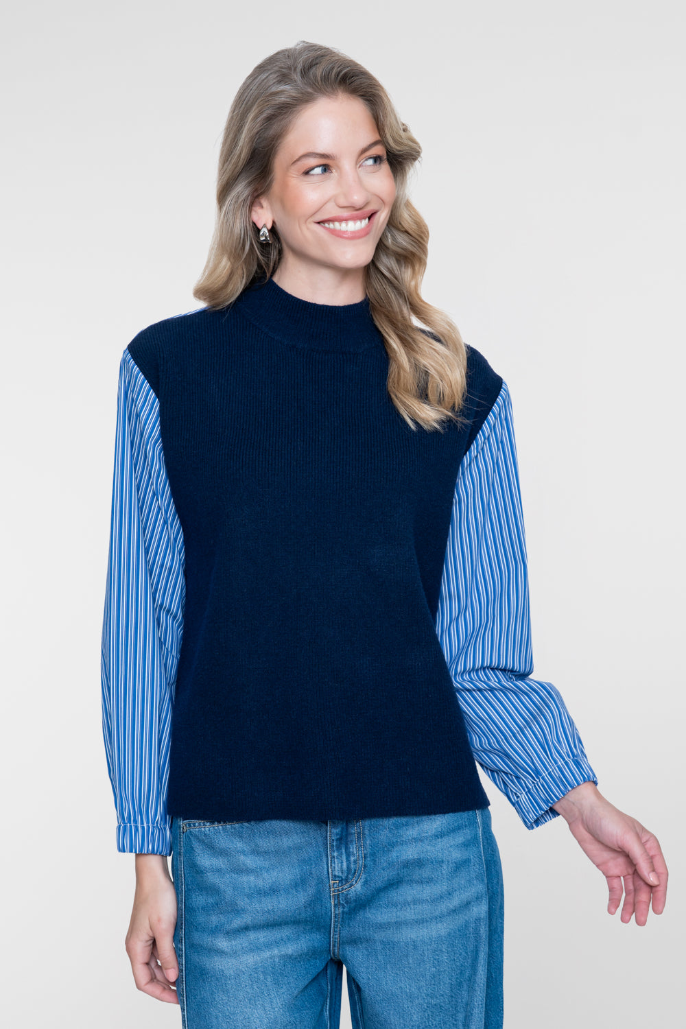 Geisha gebreide pullover met gestreepte mouwen en moderne twist