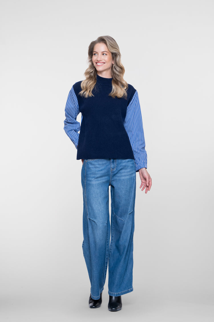 Geisha gebreide pullover met gestreepte mouwen en moderne twist