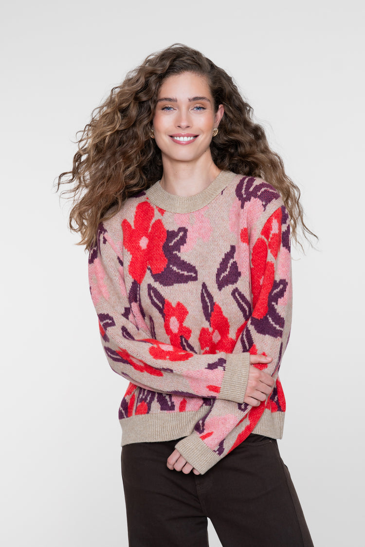 Geisha trui met bloemenprint en ronde hals