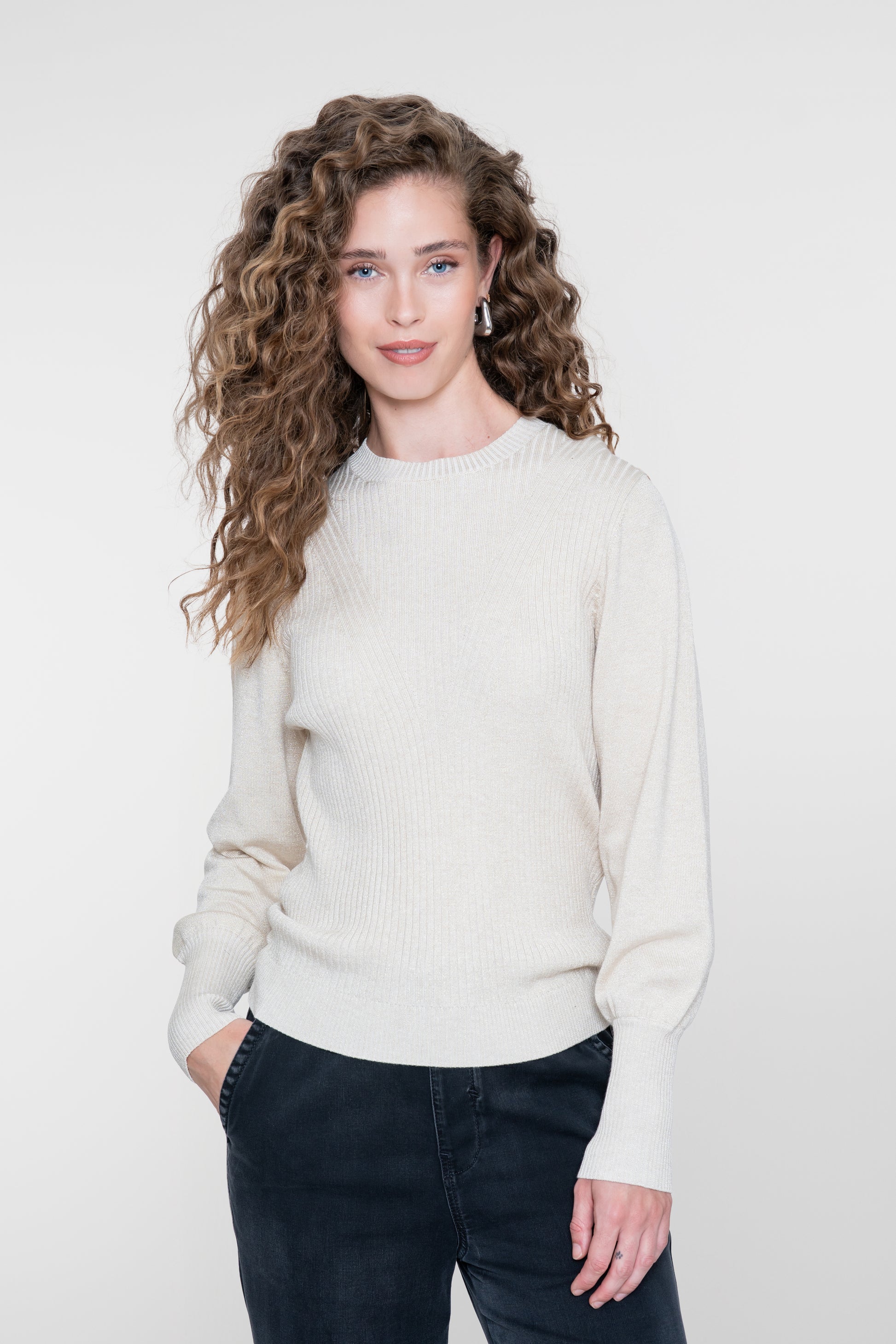 Geisha beige trui met lurex en lange manchetten