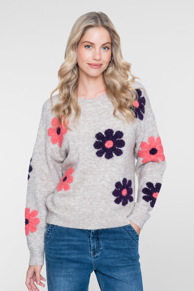 Geisha dames trui met bloemenprint en ronde hals