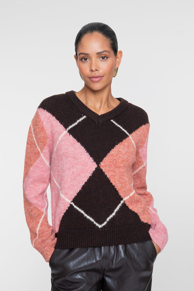 Geisha gebreide dames trui met ruitdessin en V-hals – Shop de look