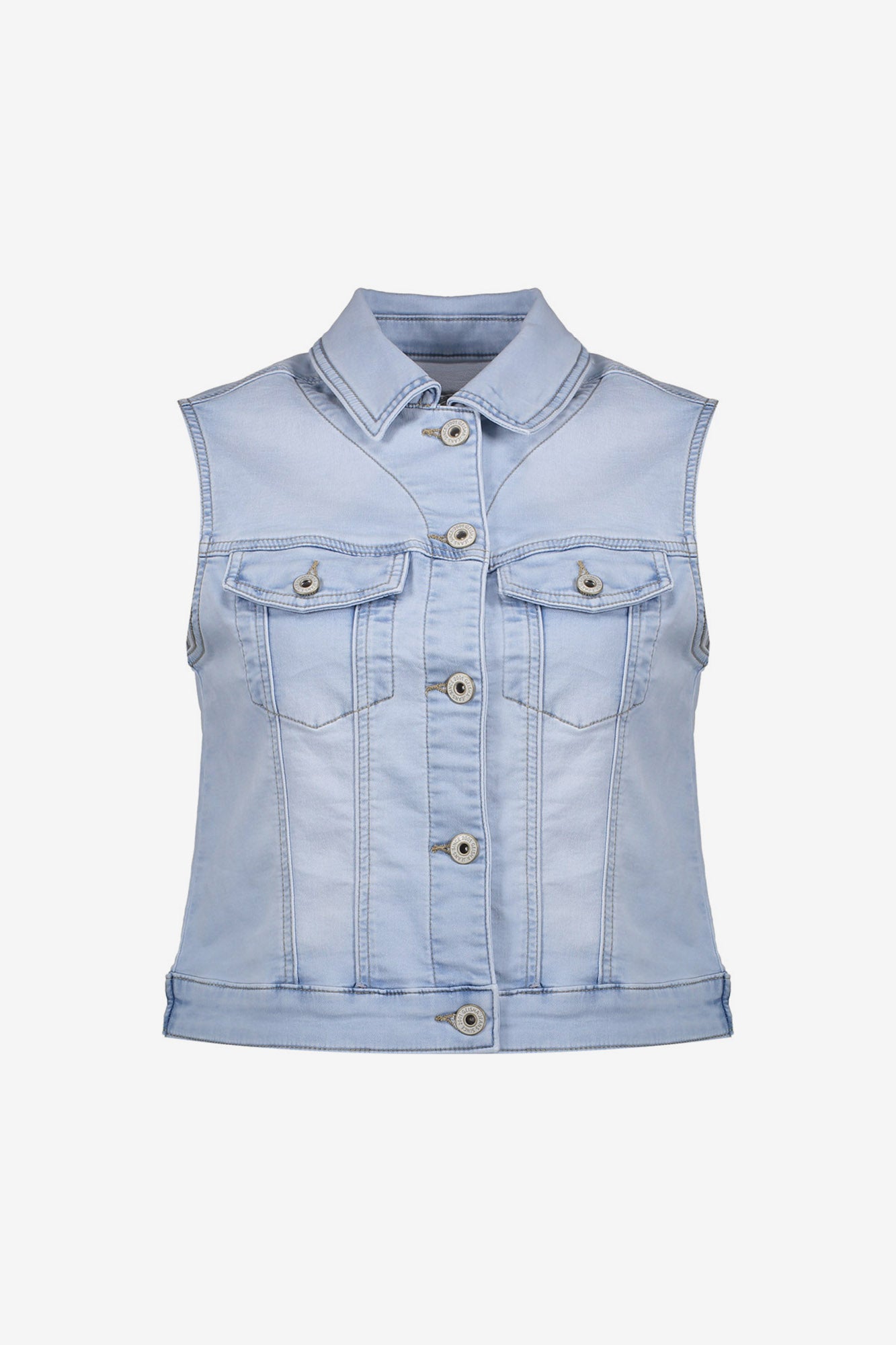 Geisha mouwloze denim gilet met knopen