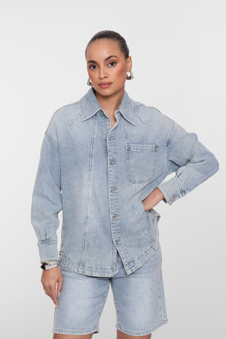 Geisha oversized denim blouse met rhinestones