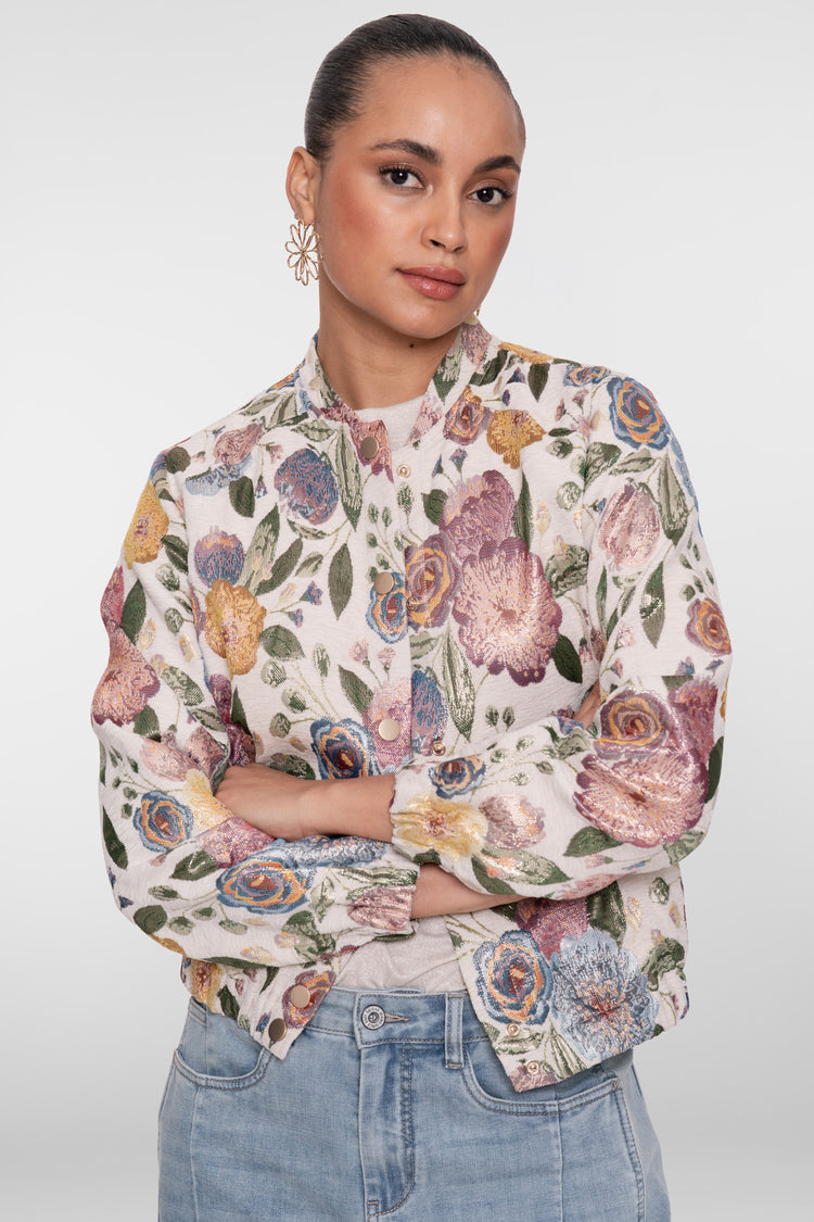 Geisha bloemenjacquard bomberjack met korte valling