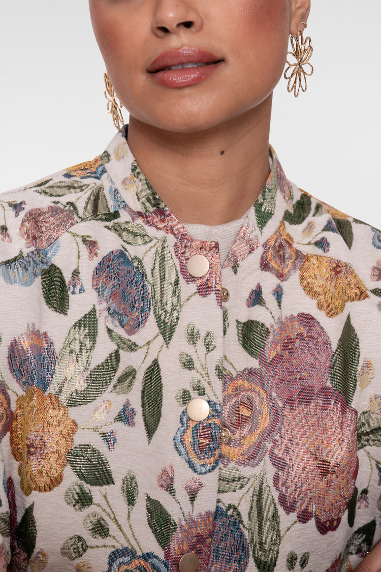 Geisha bloemenjacquard bomberjack met korte valling