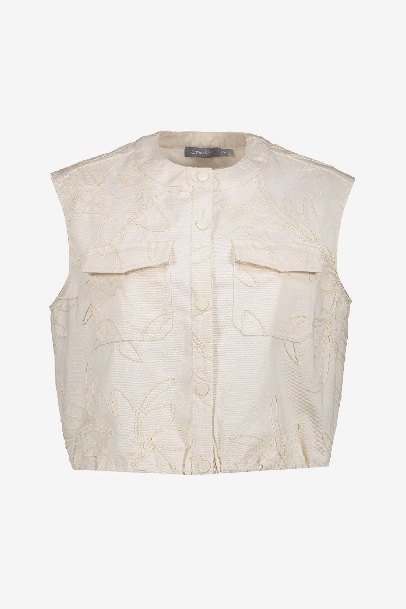 Geisha gilet met geborduurd bladpatroon en moderne uitstraling