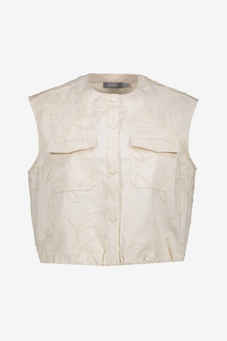 Geisha gilet met geborduurd bladpatroon en moderne uitstraling