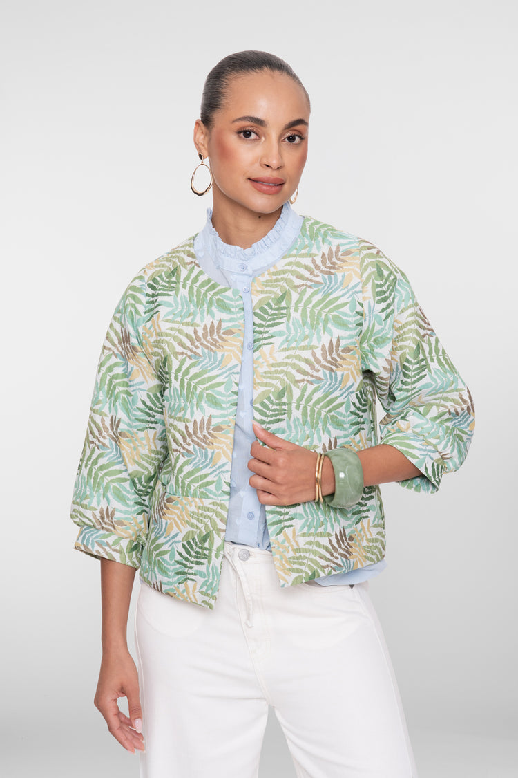 Geisha bomber jasje met palmbladeren print en moderne uitstraling