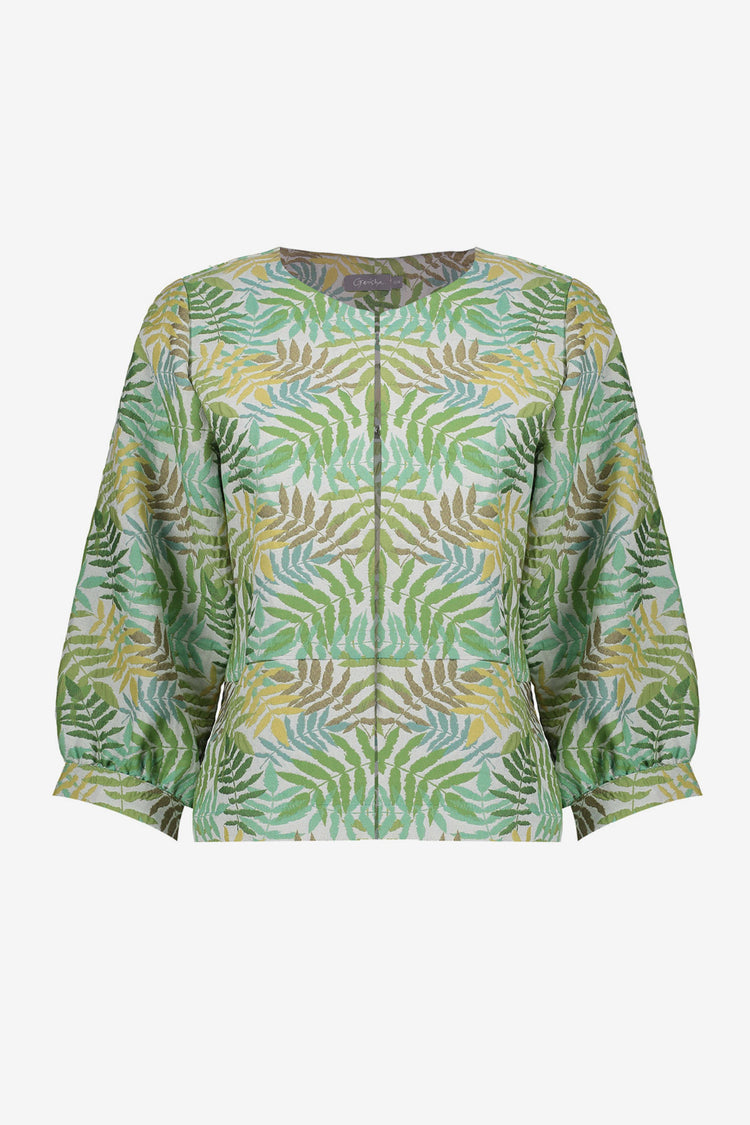 Geisha bomber jasje met palmbladeren print en moderne uitstraling