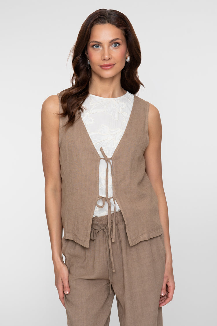 Geisha gilet met striksluiting en linnenlook