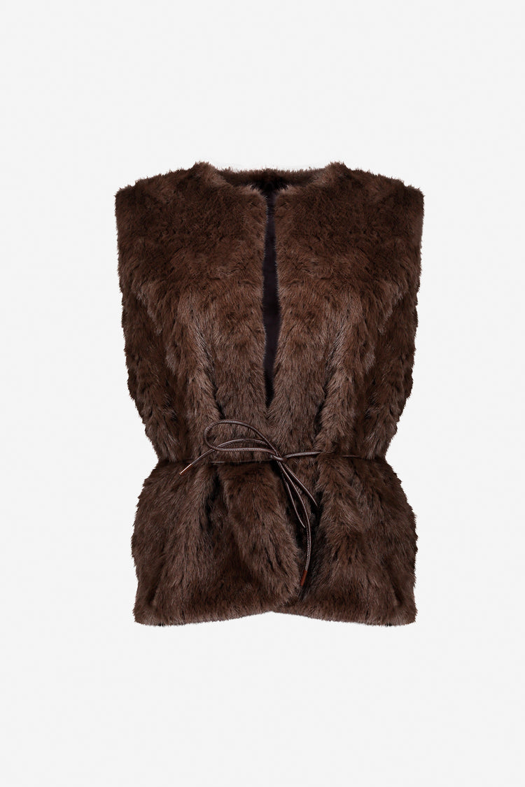 Geisha gilet van imitatiebont met strikceintuur