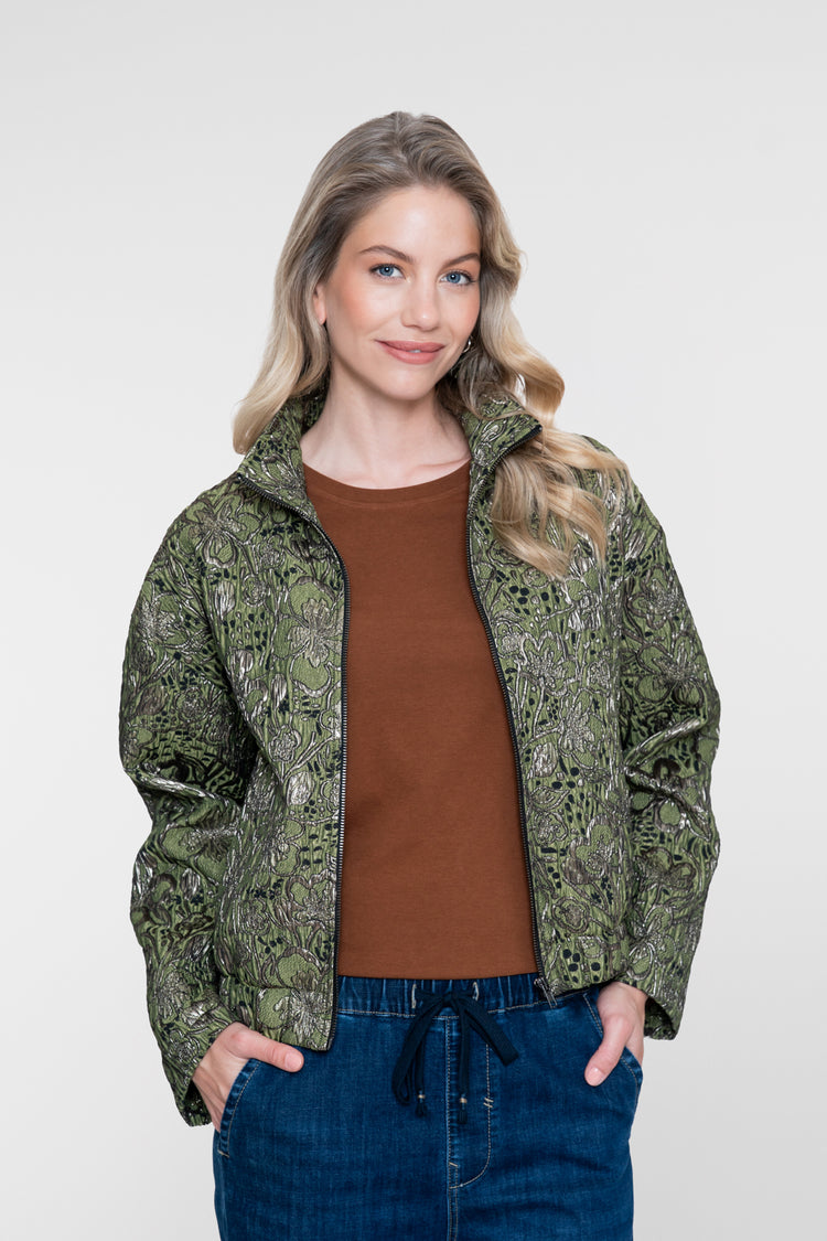 Geisha jacquard jasje met botanische print en metallic details