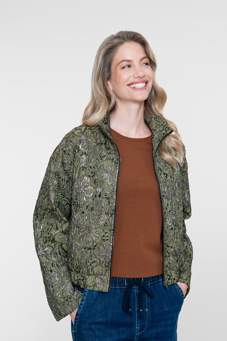 Geisha jacquard jasje met botanische print en metallic details