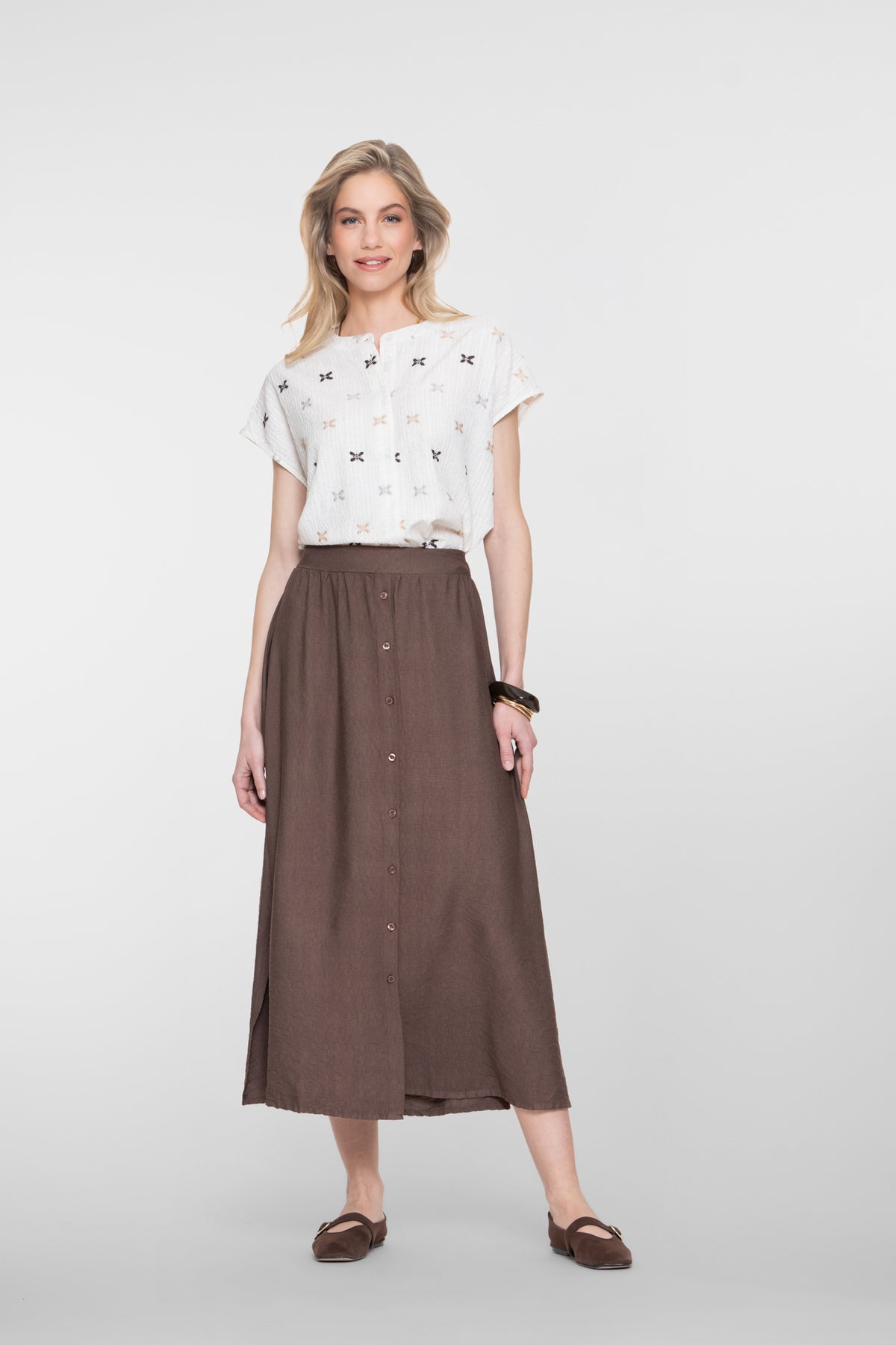 Geisha midi rok met knoopdetail – Shop de look
