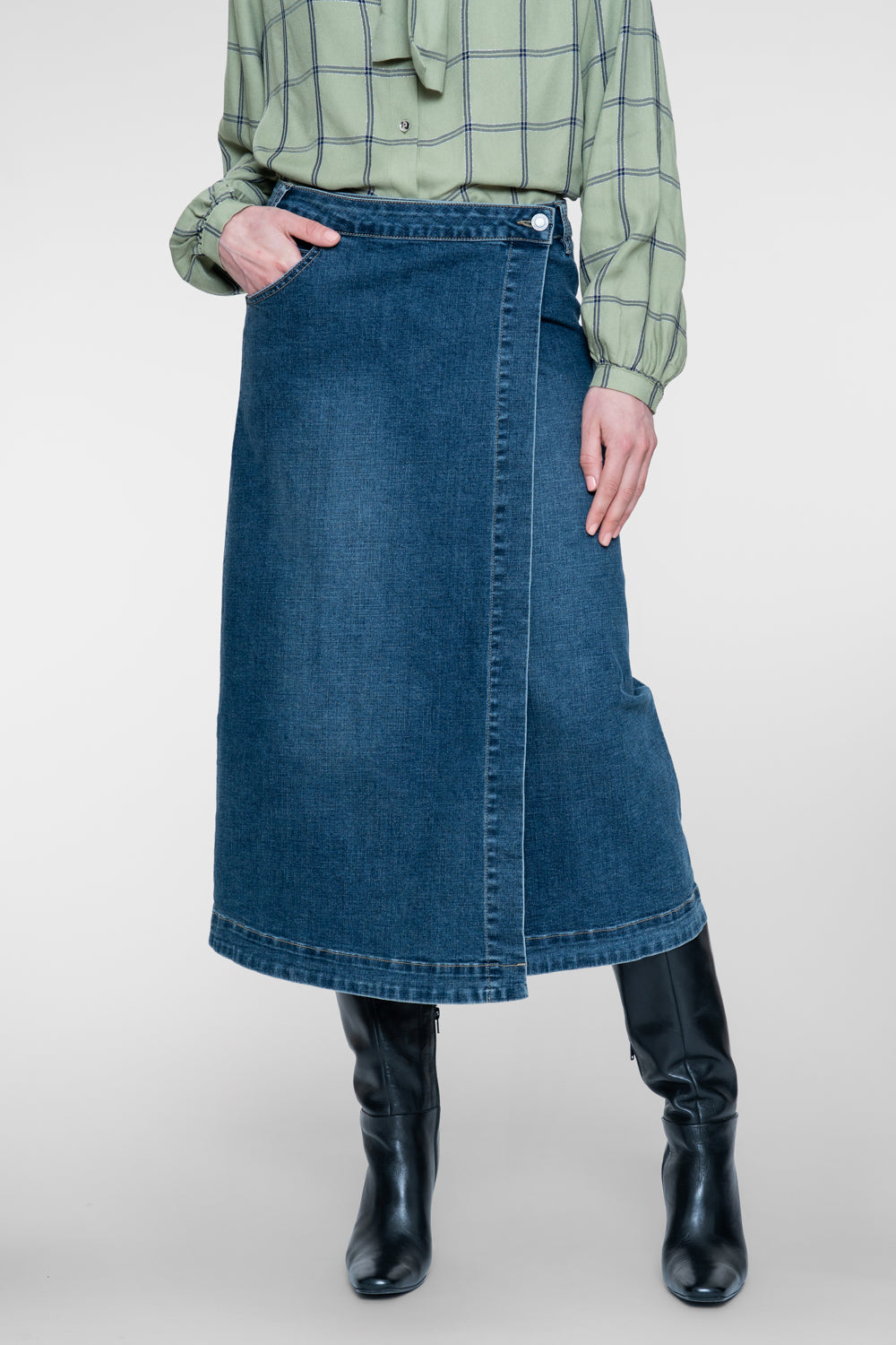 Geisha denim midi overslagrok