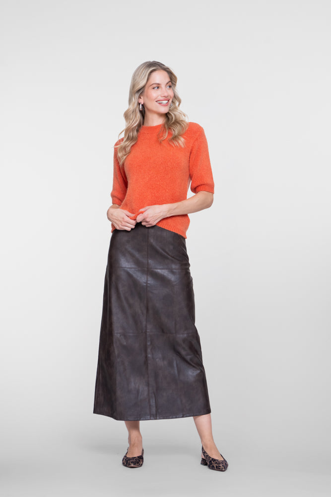 Geisha dames midi rok van faux leer in donkerbruin