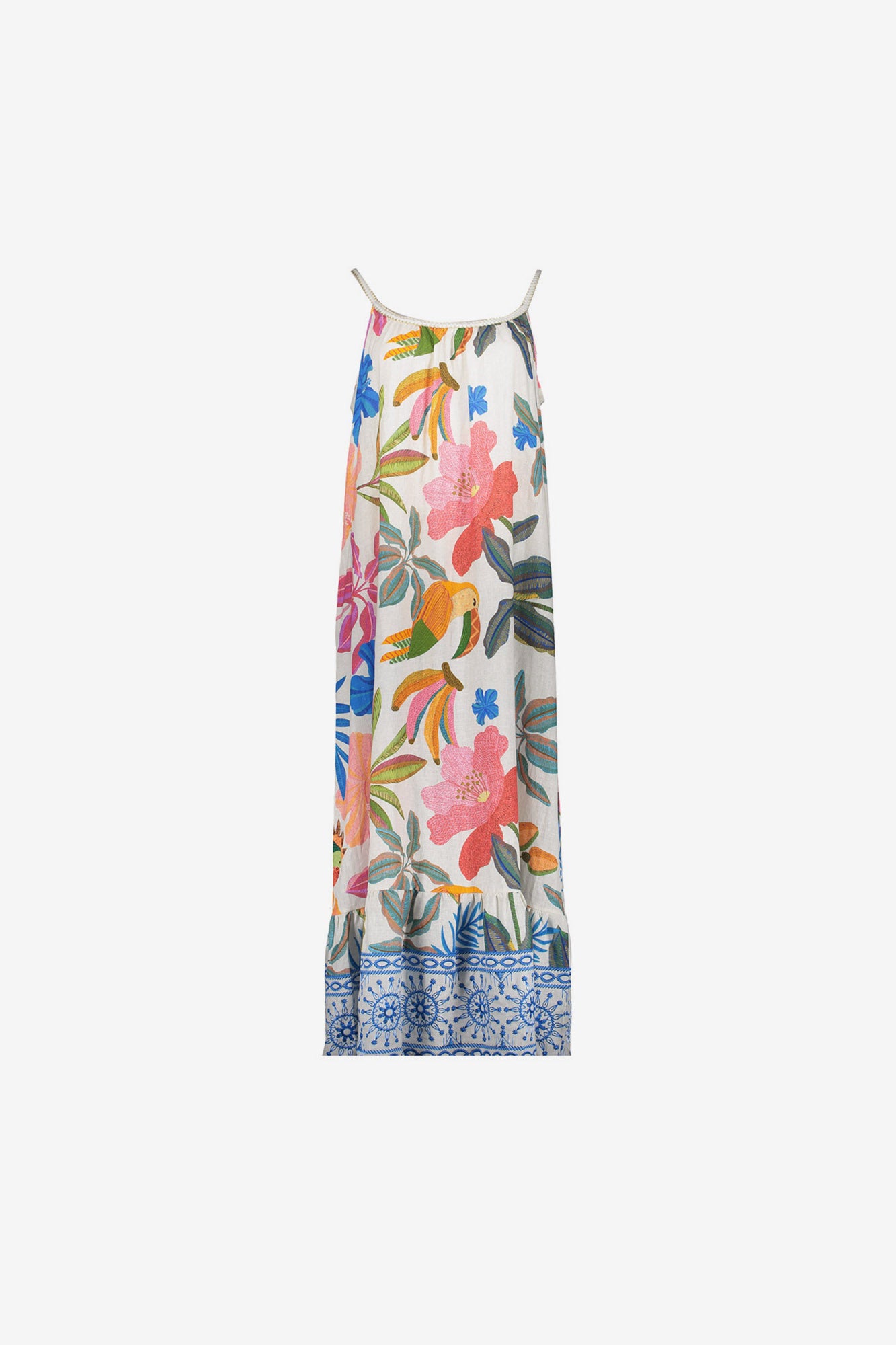 Geisha maxi jurk multicolor met lurex bandjes en volant