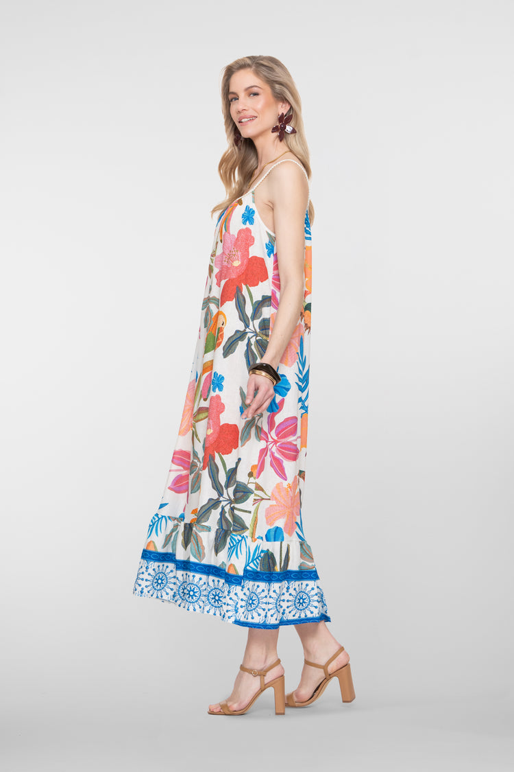 Geisha maxi jurk multicolor met lurex bandjes en volant