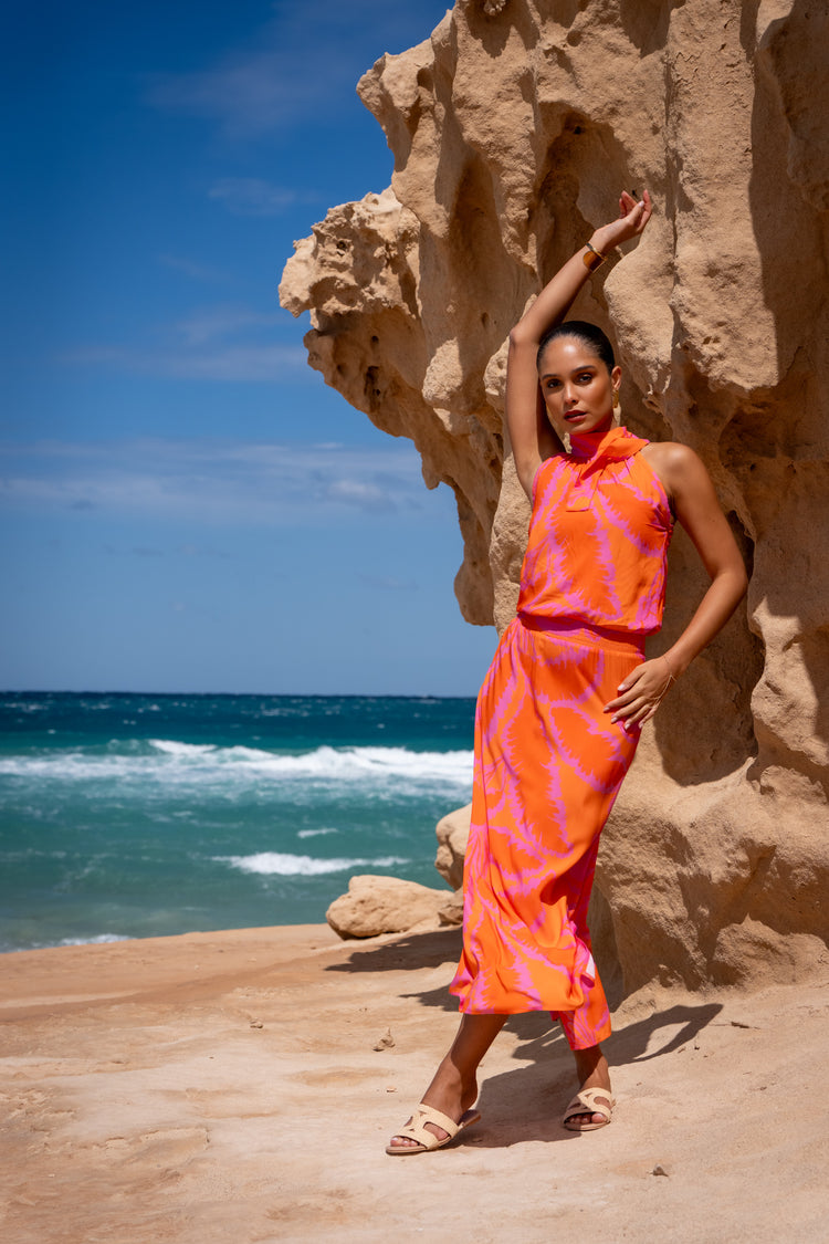 Geisha maxi halterjurk met palmblad print