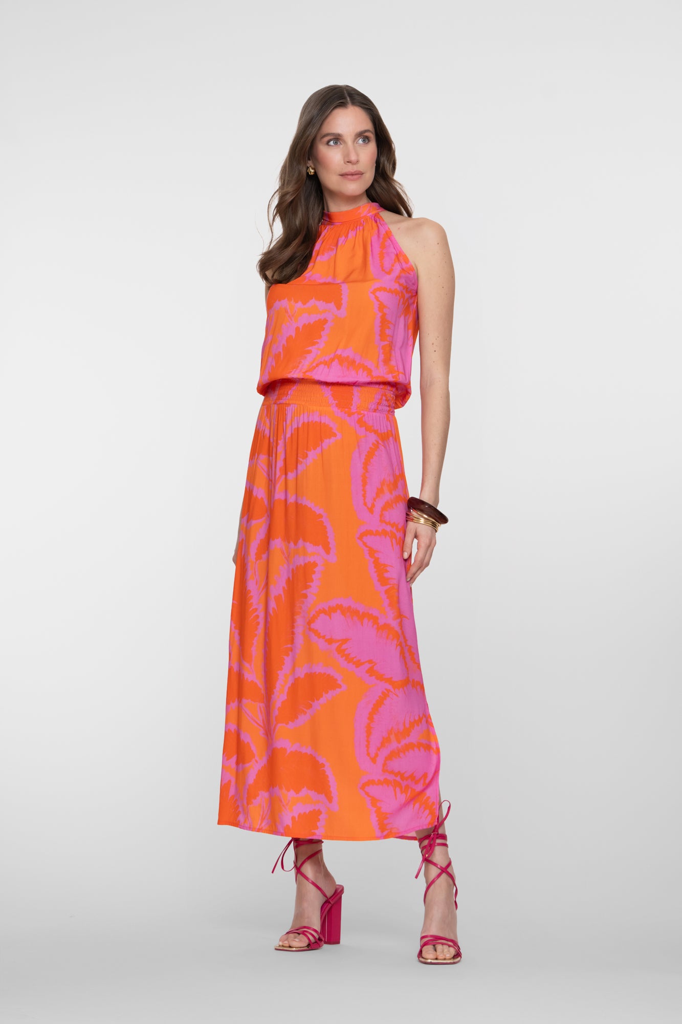 Geisha maxi halterjurk met palmblad print