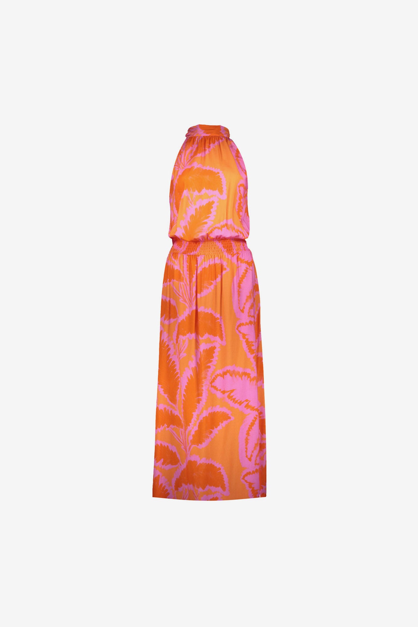 Geisha maxi halterjurk met palmblad print