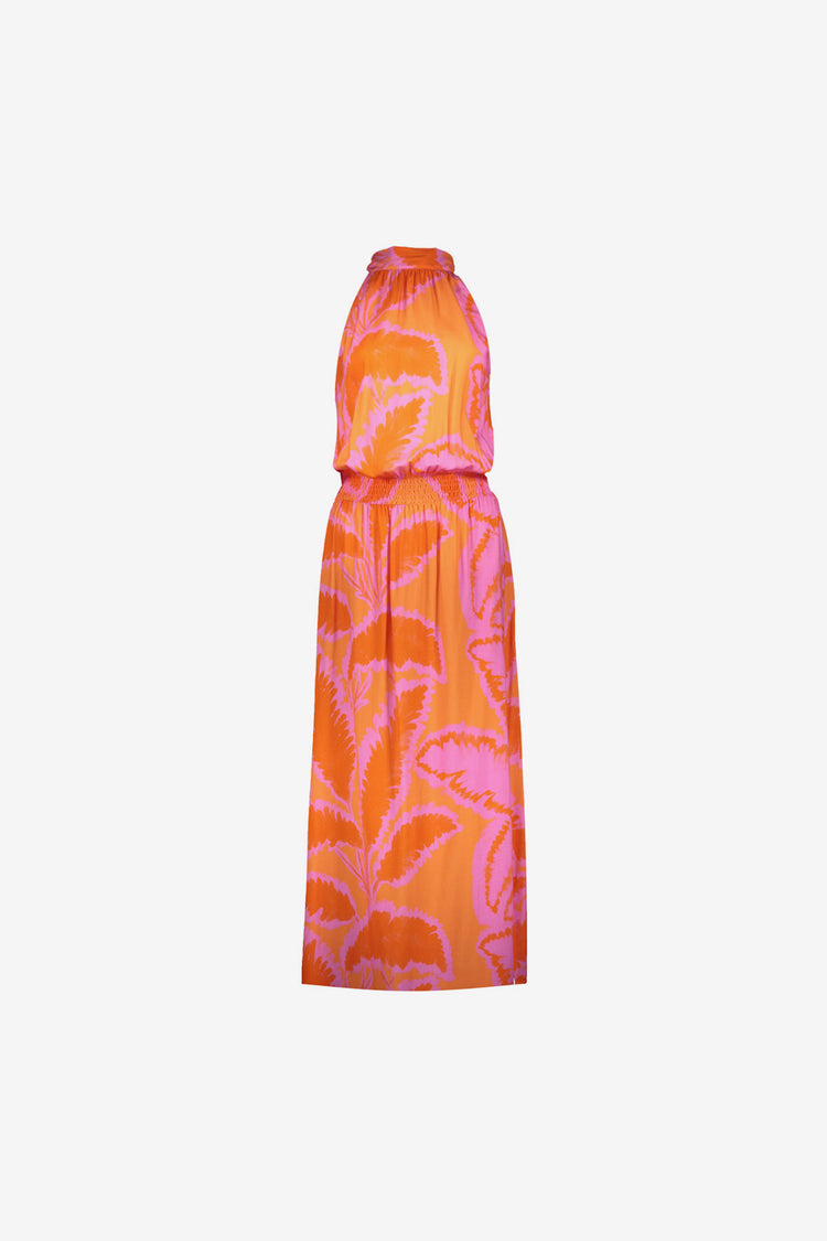 Geisha maxi halterjurk met palmblad print