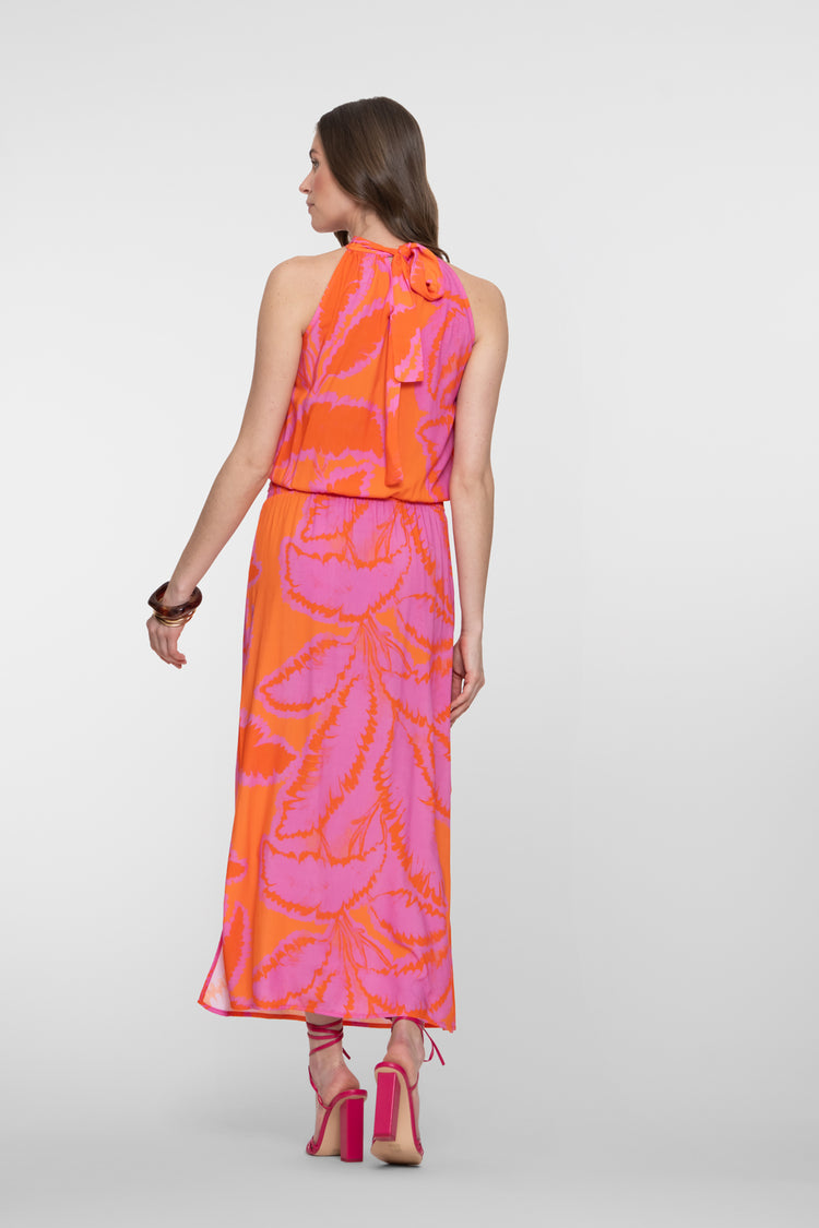 Geisha maxi halterjurk met palmblad print
